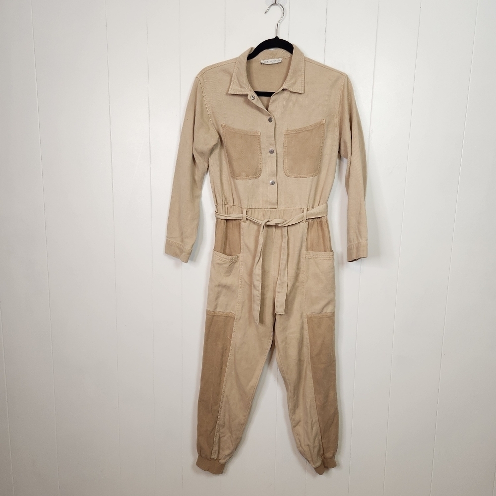 Zara Girls One piece Jumpsuit Union Suit Pants Long Sleeve Utility Beige 11 12